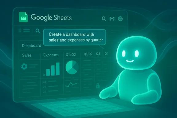 A teal robot assistant beside a Google Sheets dashboard showing quarterly sales and expenses.