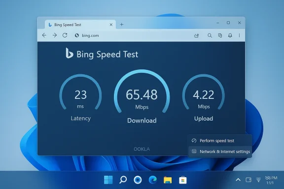Bing Speed Test results display 23 ms latency, 65.48 Mbps download, and 4.22 Mbps upload.