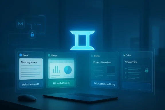 Futuristic holographic workspace with Gemini AI interface displaying Docs, Sheets, Slides, and Drive panels.
