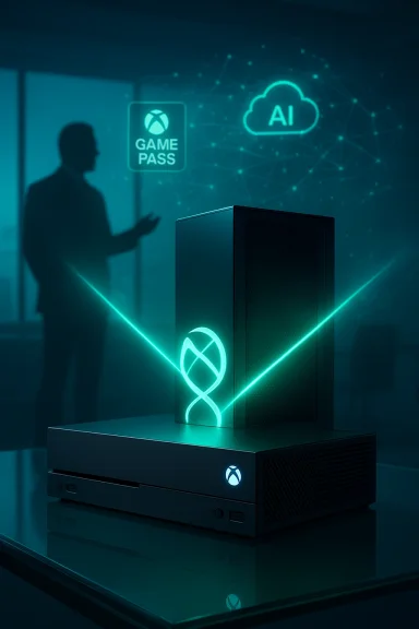 Xbox console setup glows with AI cloud and Game Pass icons in a futuristic office.