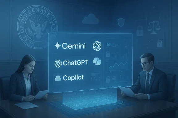 Two professionals review documents as a holographic panel displays Gemini, ChatGPT, and Copilot logos.