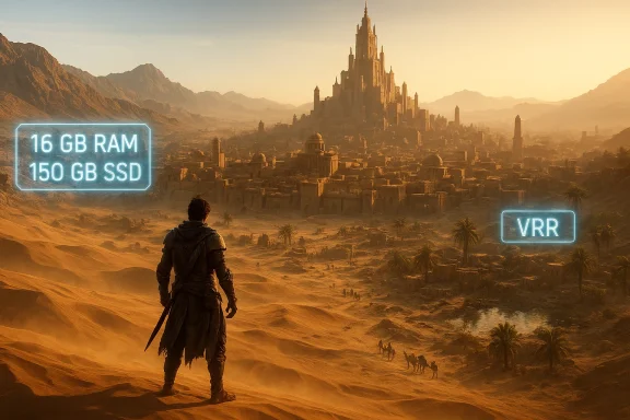 A lone warrior surveys a desert city, with glowing neon labels reading '16 GB RAM', '150 GB SSD' and 'VRR'.