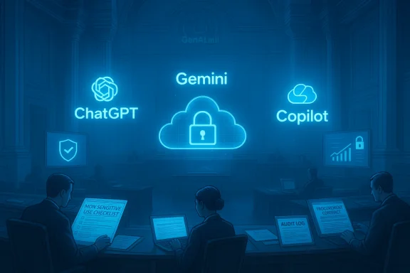 Neon-blue cloud security display in a courtroom featuring ChatGPT, Gemini, and Copilot.
