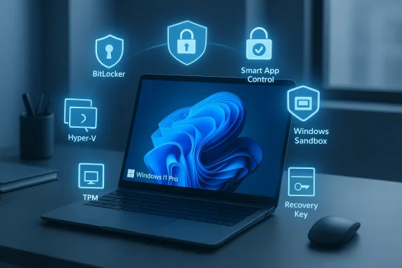 A laptop with glowing security icons floating around it, including BitLocker, Hyper-V, TPM, and Windows Sandbox.