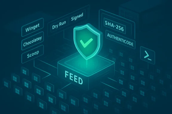 Shield with a checkmark over FEED, surrounded by package managers and verification labels.