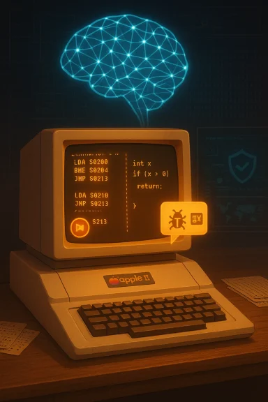 Retro Apple II computer glows orange as a neon neural-network brain hovers above.