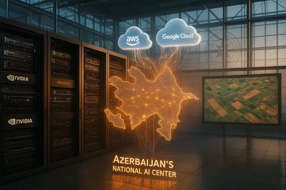 Azerbaijan's National AI Center: glowing map of Azerbaijan with AWS and Google Cloud above servers.
