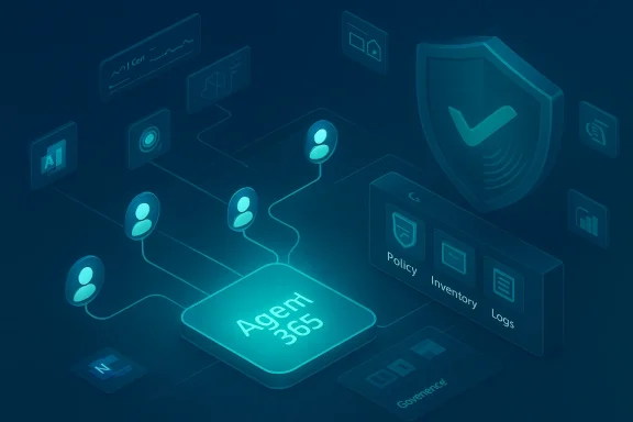 Futuristic cyber security diagram with Agent 365 at the center, connected to users and a protective shield.