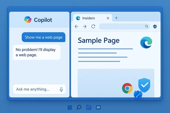 Split-screen UI: Copilot chat on the left and a sample web page on the right.