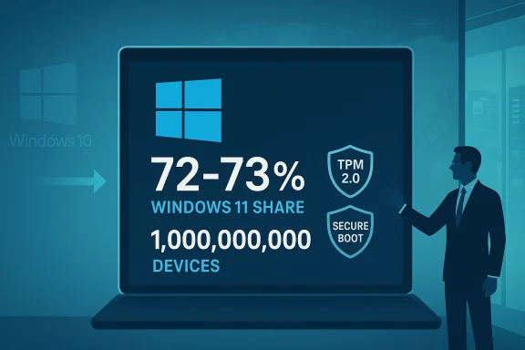 Infographic shows Windows 11 share at 72-73% and 1,000,000,000 devices, with TPM 2.0 and Secure Boot.