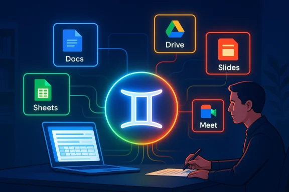 Neon diagram of Google Workspace apps—Docs, Sheets, Drive, Slides, Meet—linked to a central hub.