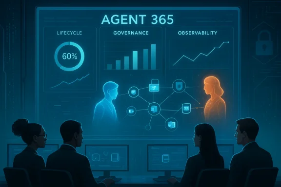 A team monitors a holographic dashboard labeled 'Agent 365' featuring lifecycle, governance, and observability charts.