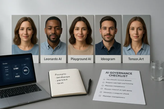 Five AI portrait panels on a desk, with a laptop, notebook, and an AI governance checklist.