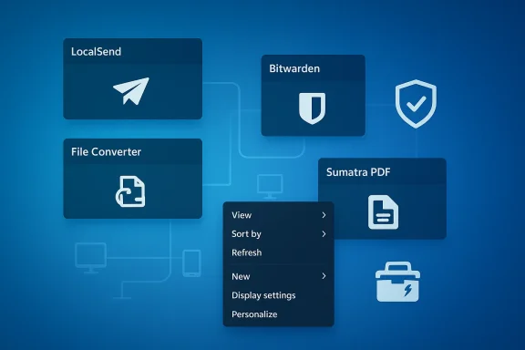 Blue background with floating app tiles (LocalSend, Bitwarden, File Converter, Sumatra PDF) and a center menu.