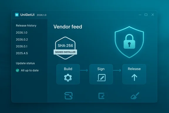 UniGetUI interface showing vendor feed and Build → Sign → Release workflow with version history.