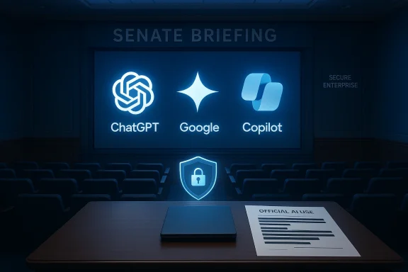 Senate briefing room with a large screen displaying glowing AI logos: ChatGPT, Google, and Copilot.