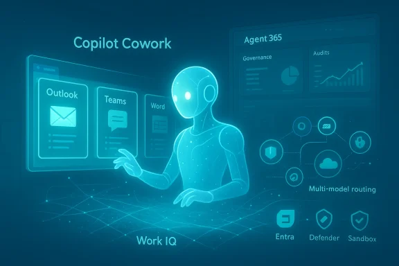 A holographic AI coworker presents Copilot Cowork dashboards for Outlook, Teams and Word.