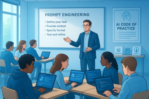 Instructor explains prompt engineering to students in a laptop-filled classroom.