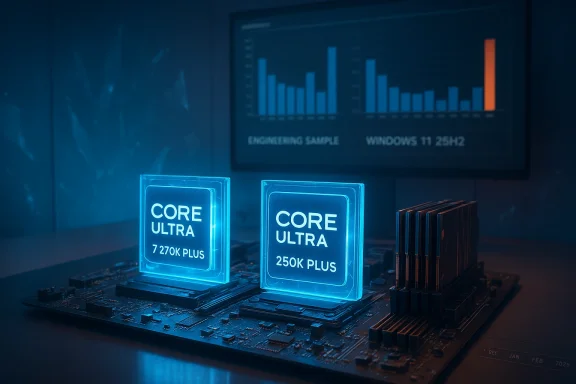 Two blue-lit Core Ultra chips on a motherboard, labeled 7 270K Plus and 250K Plus.