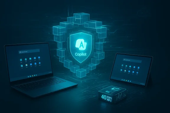 A glowing AI Copilot shield framed by neon cube blocks, flanked by laptops and a 40 TOPS NPU.