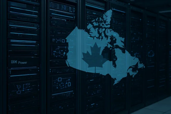 Data center rows of IBM Power servers, overlaid with a blue Canadian map and maple leaf.