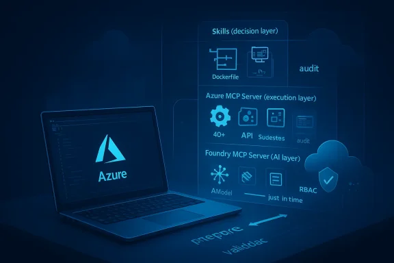 Blue-tinted Azure laptop displaying a layered cloud architecture diagram.