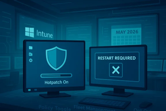 Blue-toned IT desk with two monitors showing patch progress and a restart-required alert.