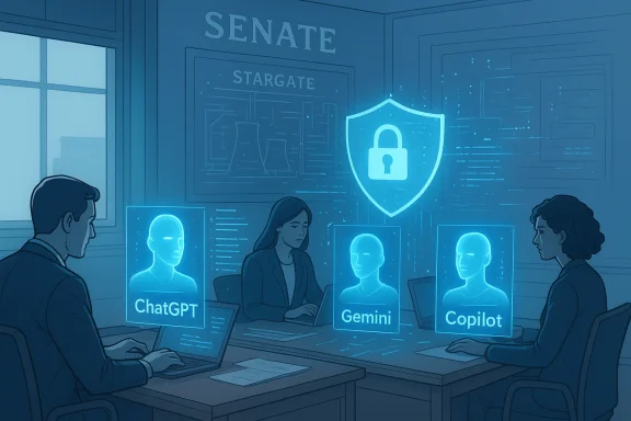 In a Senate meeting room, professionals discuss cybersecurity with holographic AI avatars labeled ChatGPT, Gemini, Copilot.