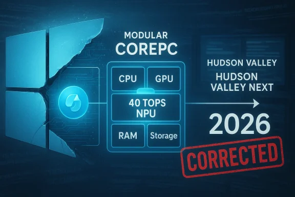 Blue, futuristic infographic of a modular CorePC showing CPU, GPU, 40 TOPS NPU, RAM and storage.