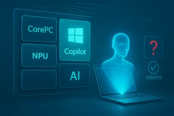 Futuristic AI dashboard with CorePC, Copilot, NPU, and a holographic head emerging from a laptop.