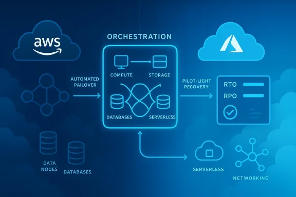 Neon blue cloud orchestration diagram with AWS and Azure icons, showing compute, storage, databases and serverless.