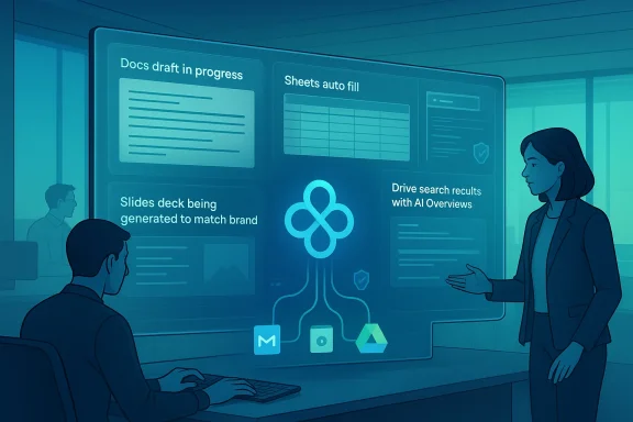Team reviews an AI-powered dashboard showing docs in progress, auto-filled sheets, and branded slides.