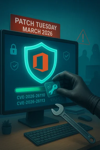 A gloved hand patches a cybersecurity dashboard on Patch Tuesday, March 2026.