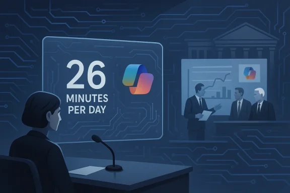 Office briefing showing '26 minutes per day' on a screen as presenters discuss charts.