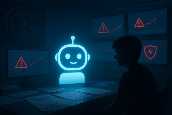 A glowing blue chatbot avatar watches over a person in a dark security room.