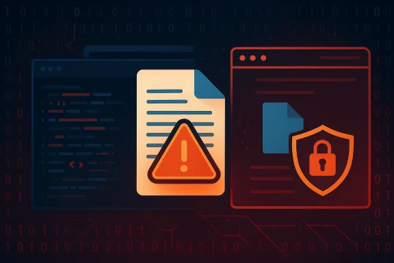 Cybersecurity alert: a document shows a warning icon beside a shielded lock in a browser-like window.