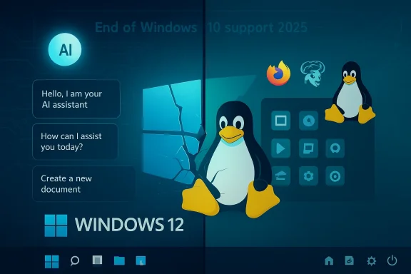 Concept image of Windows 12 with an AI assistant and Linux logos (Tux).