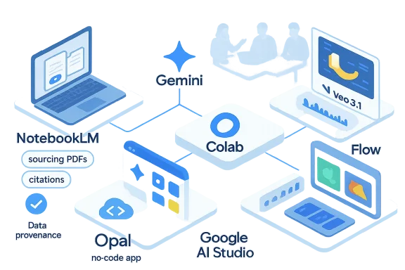 Connected AI tools and platforms, including Colab, Gemini, NotebookLM, Flow, Opal, and Google AI Studio.