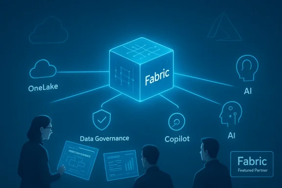 Neon blue Fabric diagram showing connections to OneLake, Data Governance, Copilot, and AI.