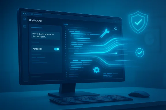 A blue-toned computer screen shows Copilot Chat UI with an Autopilot toggle and flowing data streams. A blue-toned computer screen shows Copilot Chat UI with an Autopilot toggle and flowing data streams.