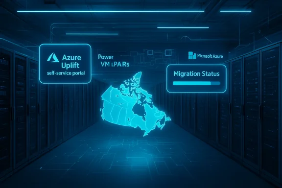 A data center with blue neon holographic dashboards showing Azure migration status and a glowing Canada map.