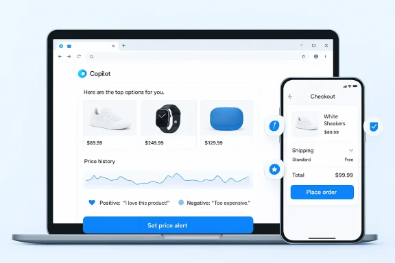 A laptop and smartphone display a shopping UI with product cards, price history, and a checkout summary.