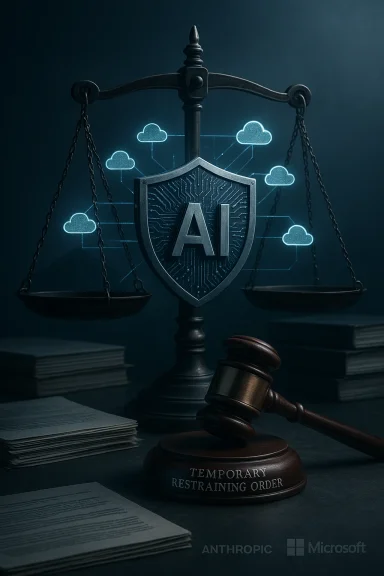AI-powered shield on the scales of justice, with a cloud-connected network in the background.