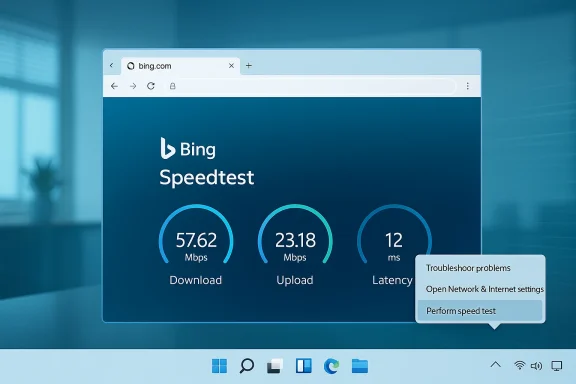 Bing Speedtest: 57.62 Mbps down, 23.18 Mbps up, 12 ms latency.