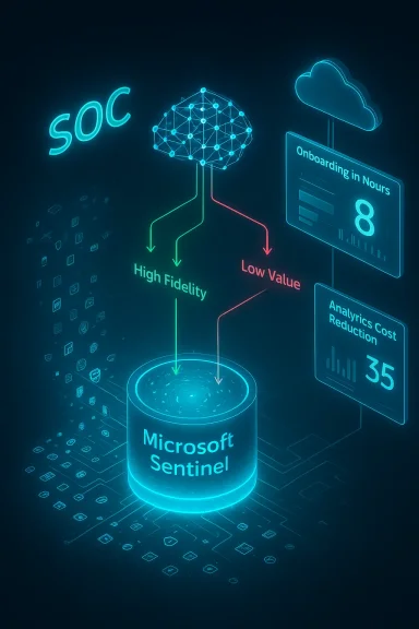 Neon holographic infographic of Microsoft Sentinel workflow: SOC, data fidelity, and cloud analytics.