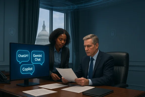 Two professionals review documents as AI tools like ChatGPT, Gemini Chat, and Copilot glow on screen.