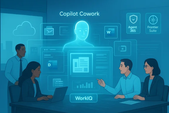 A team collaborates around a holographic AI dashboard labeled Copilot Cowork and WorkIQ.