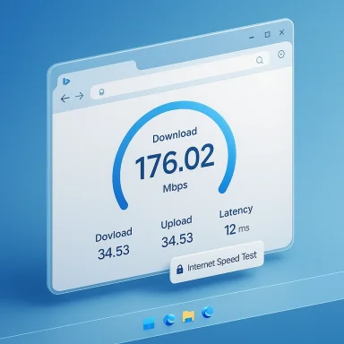 Illustration of a speed-test UI on a curved monitor showing 176.02 Mbps download, 34.53 Mbps upload, 12 ms latency.