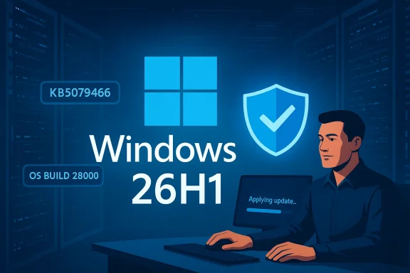 Windows 26H1 update in progress with a security shield in a data-center setting.