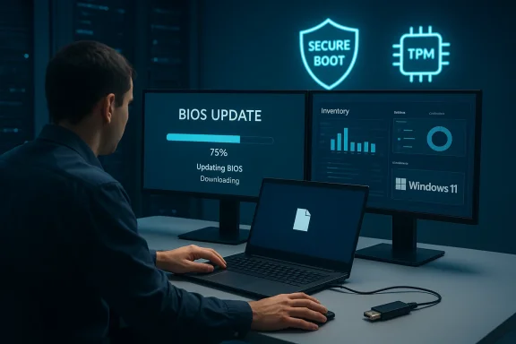 A technician monitors a BIOS update at 75% on dual monitors.